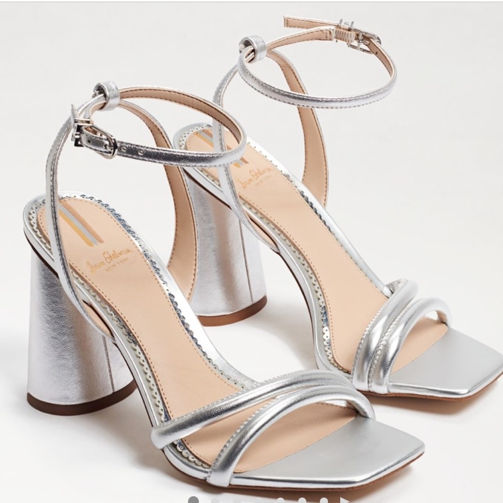 Sam Edelman NWT Kia Silver Leather Ankle Strap block heel Sandal.